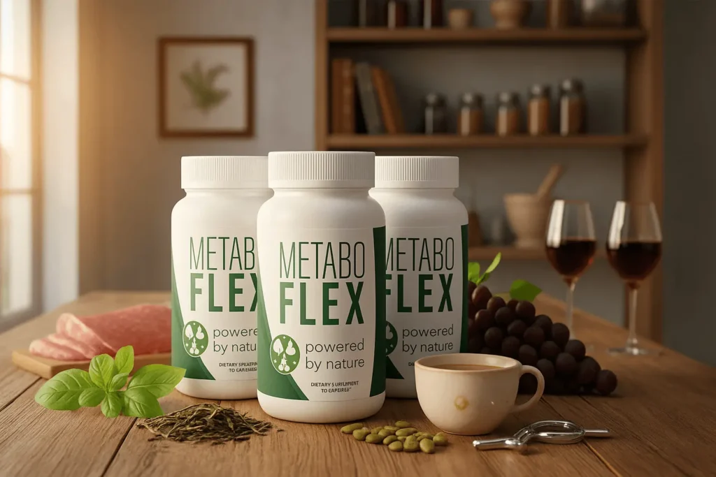 Metabo Flex supplement bottles on wooden table with natural ingredients and herbs, promoting metabolism and energy balance