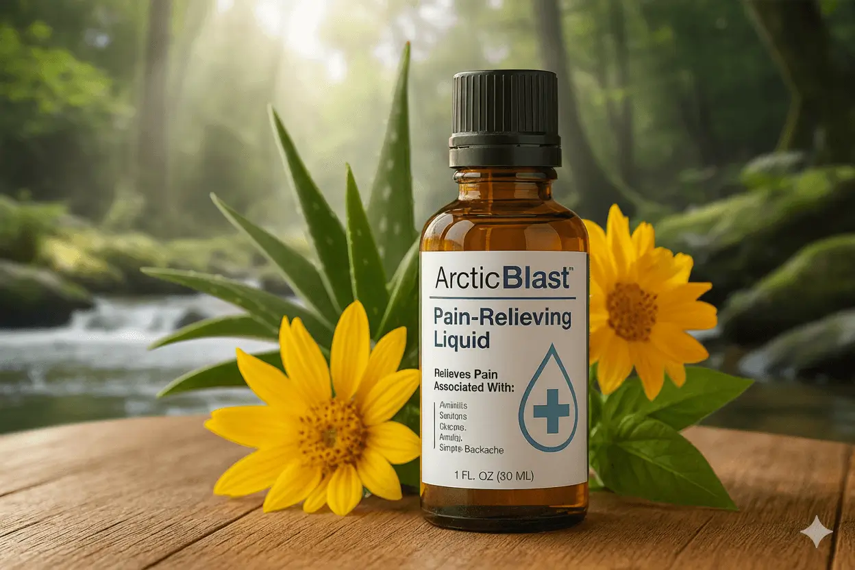 Arctic Blast pain-relieving liquid bottle with arnica flowers and aloe leaves on a wooden table in a natural forest setting.