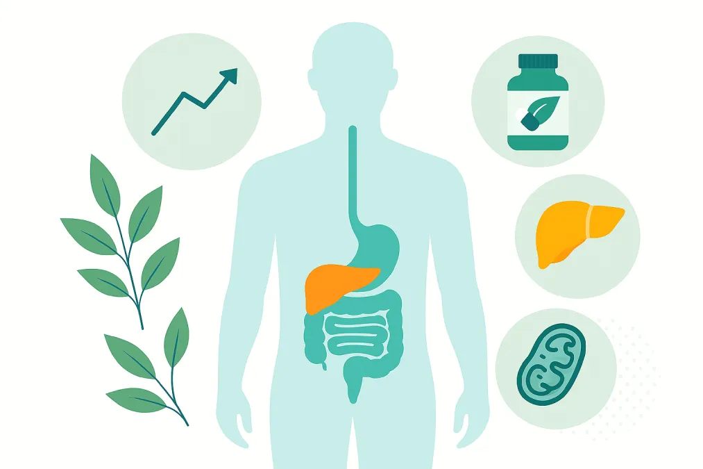Flat illustration of a male silhouette showing the digestive system and liver, surrounded by metabolism-related icons such as mitochondria, capsules, and energy symbols.
