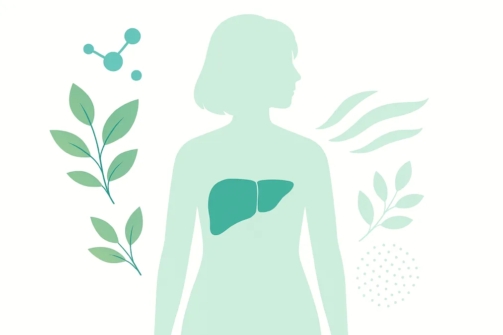 Illustration of a female silhouette with liver highlighted, symbolizing how liver health affects energy and fat metabolism.
