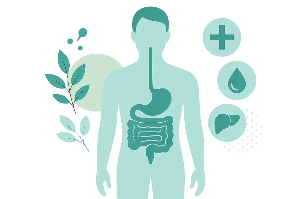 Illustration showing the digestive system and metabolism connection — representing how gut health supports natural fat burning and energy balance.