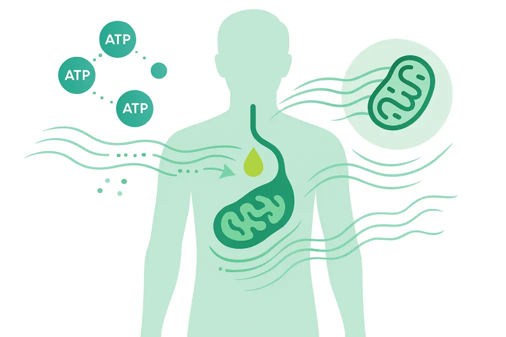 Flat illustration of a male silhouette showing mitochondria and energy metabolism pathways, symbolizing how cells convert fat into usable energy.