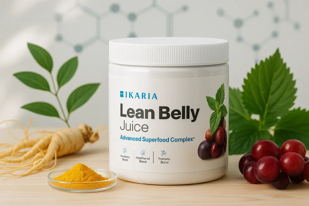Photographic-style image of the Ikaria Lean Belly Juice supplement jar placed in a natural wellness scene with leafy elements, soft background lighting, and a clean 16:9 layout.