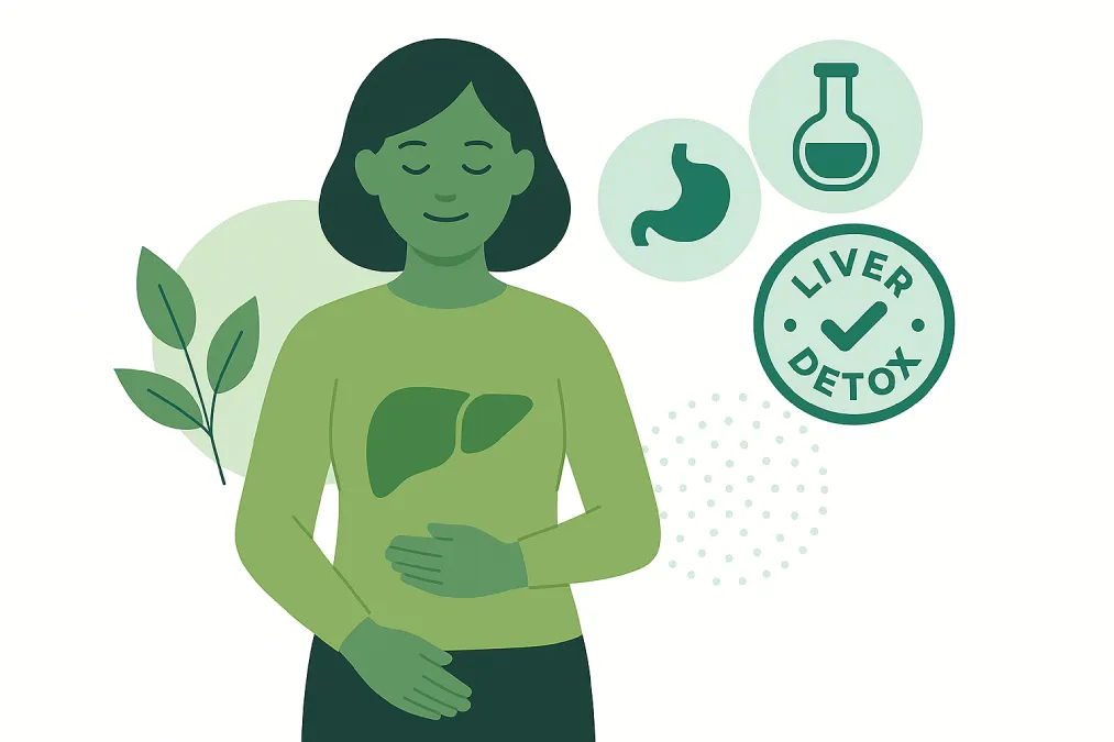 Flat illustration highlighting the liver with natural and molecular elements representing detox and metabolism.