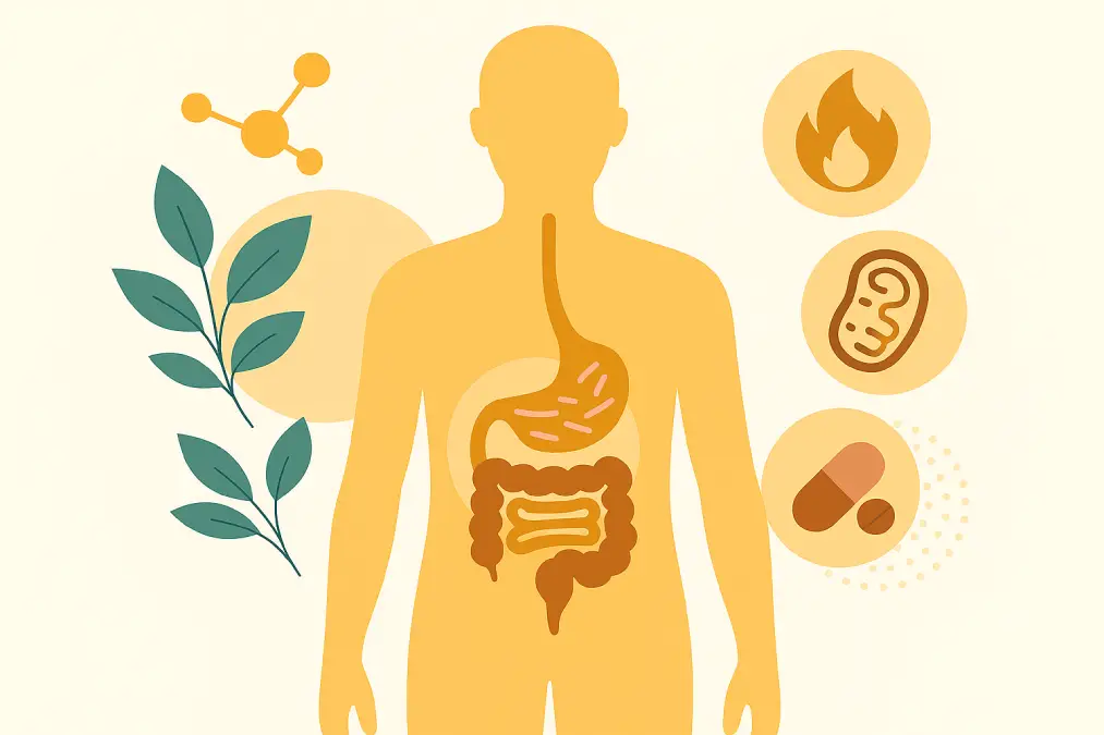 Scientific-natural illustration showing lifestyle strategies to reduce ceramides naturally, with a human silhouette and metabolic elements in soft green and blue tones.