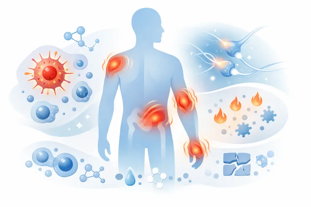 Illustration showing how inflammation and nerve signaling contribute to muscle and joint pain.