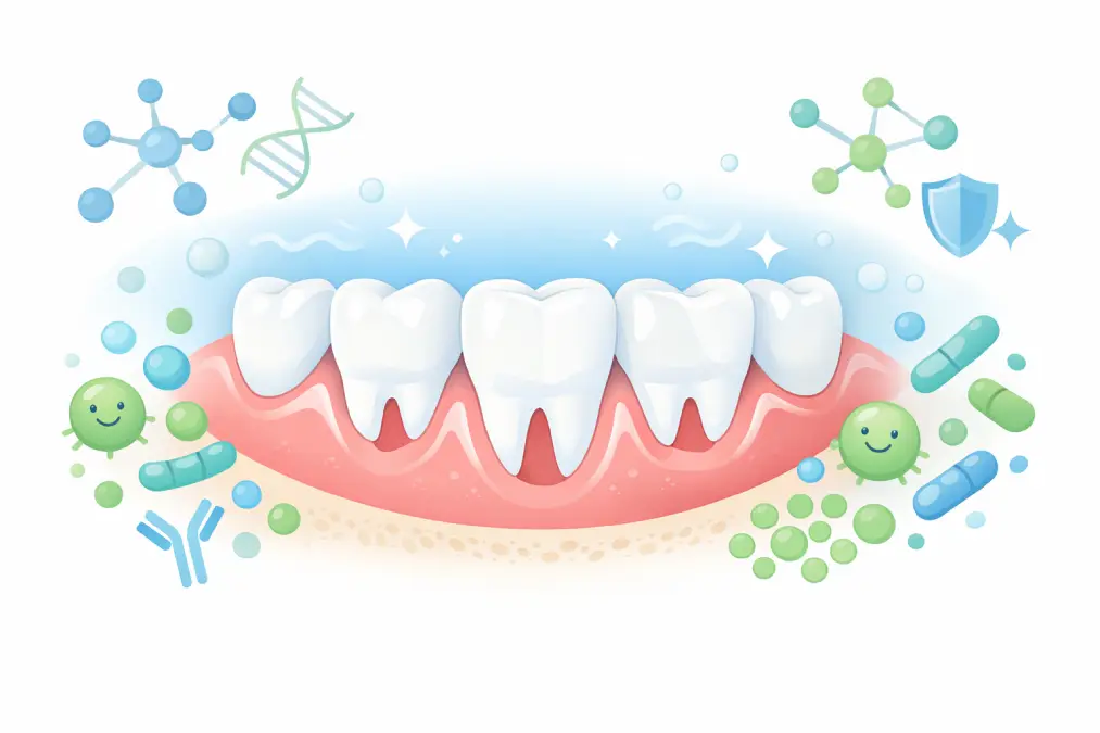 Illustration showing oral health and the balance of the oral microbiome in healthy gums.