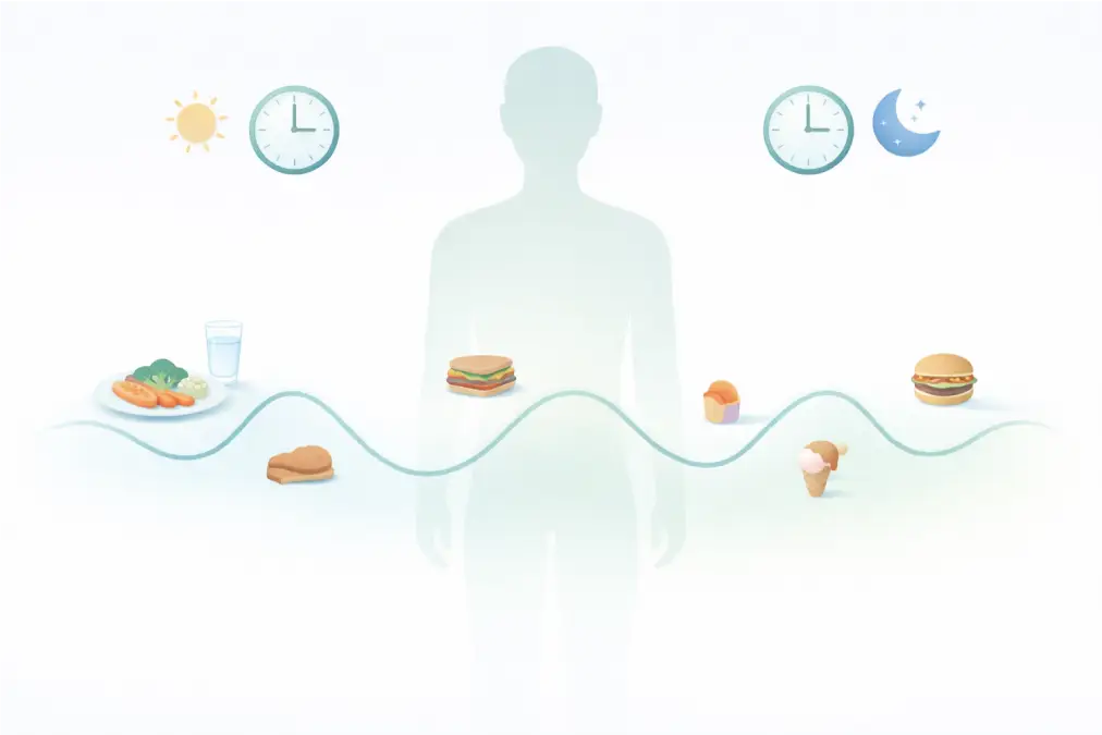 Flat design illustration showing blood sugar fluctuations over time, with a gender-neutral human figure, meals, and day–night cycle