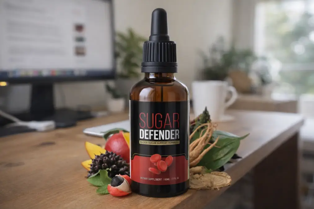 Sugar Defender bottle displayed with natural ingredients used in the formula